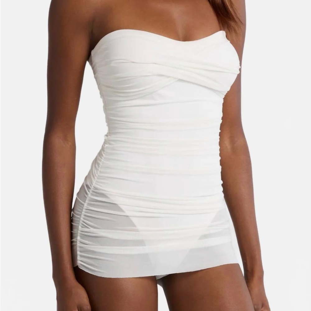 HUTCH  
Radlee Strapless Mesh Overlay Skirted One Piece Swimsuit In White size M